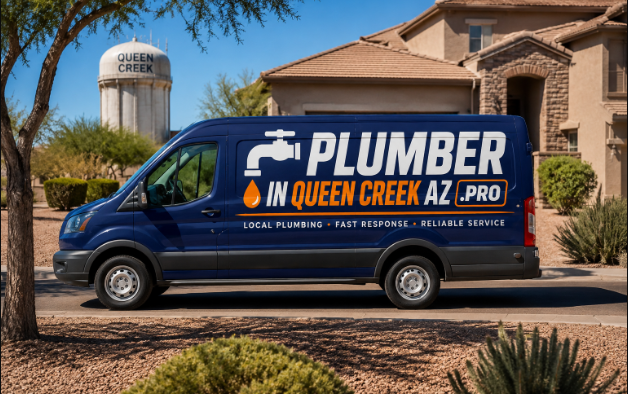 Plumber in Queen Creek Plumber in Queen Creek AZ branded service van parked near Queen Creek Marketplace in Arizona.
