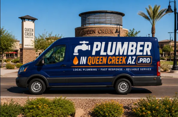 Plumber in Queen Creek Emergency Plumber in Queen Creek AZ service van parked in a residential neighborhood near the Queen Creek water tower.