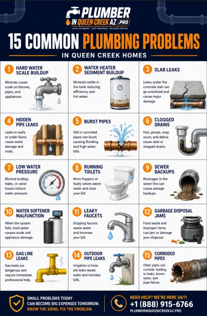 15 Common Plumbing Problems in Queen Creek Homes (And How to Prevent Them) Infographic illustrating the 15 most common plumbing problems in Queen Creek homes, including hard water scale, slab leaks, burst pipes, clogged drains, sewer backups, water heater sediment, and low water pressure.