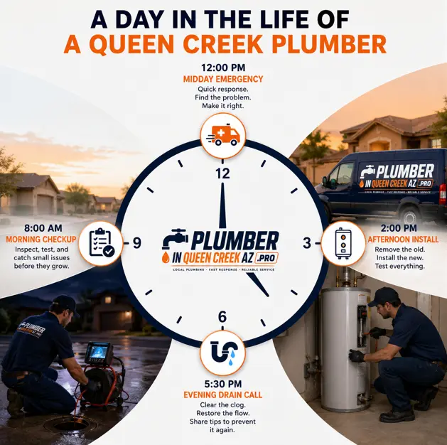 A Day in the Life of a Local Queen Creek Plumber Infographic showing a typical day in the life of a Queen Creek plumber, including morning plumbing inspection, midday emergency repair, afternoon water heater installation, and evening drain cleaning service.