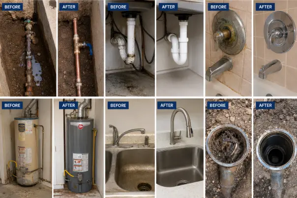 Plumber in Queen Creek Real before-and-after plumbing transformations completed by our local plumber in Queen Creek, AZ, including pipe repairs, drain services, fixture replacements, and water heater installations.