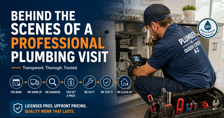 Behind the Scenes of Our Professional Plumbing Visit Licensed plumber performing a professional plumbing inspection under a kitchen sink during a residential plumbing service visit in Queen Creek, Arizona.