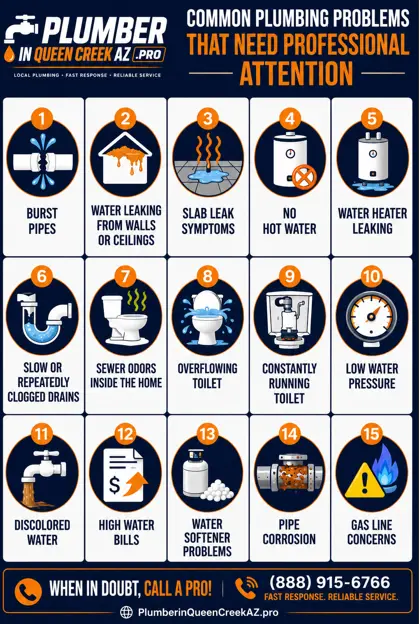 Infographic showing 15 common plumbing problems that require a professional plumber, including burst pipes, slab leaks, water heater leaks, clogged drains, sewer odors, low water pressure, and gas line concerns in Queen Creek, AZ.