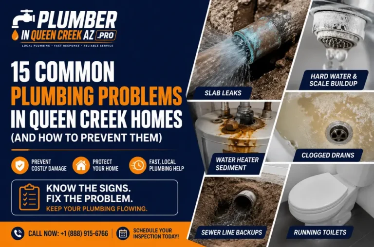 Feature image showing the 15 most common plumbing problems in Queen Creek homes, including slab leaks, hard water buildup, clogged drains, water heater sediment, sewer backups, and running toilets.