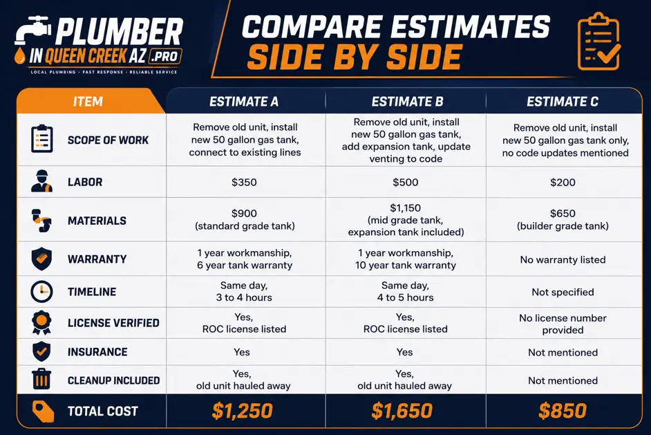 How to Compare Plumbing Estimates in Queen Creek, AZ Infographic comparing three plumbing estimates side by side, including labor, materials, warranty, timeline, licensing, insurance, cleanup, and total cost for homeowners in Queen Creek, AZ.
