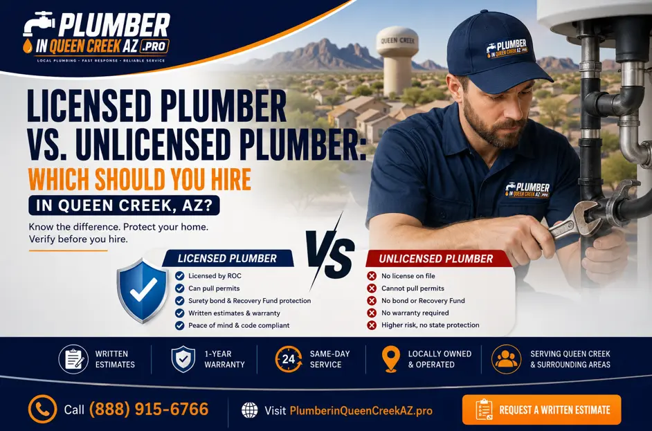 Licensed plumber vs unlicensed plumber comparison in Queen Creek AZ showing licensing, permits, insurance, Recovery Fund protection, and homeowner hiring tips.