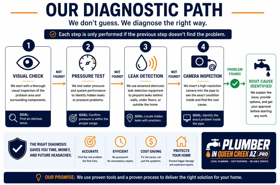 Behind the Scenes of Our Professional Plumbing Visit Flowchart infographic showing the professional plumbing diagnostic process, including visual inspection, pressure testing, leak detection, camera inspection, and root cause identification by a licensed plumber in Queen Creek, Arizona.