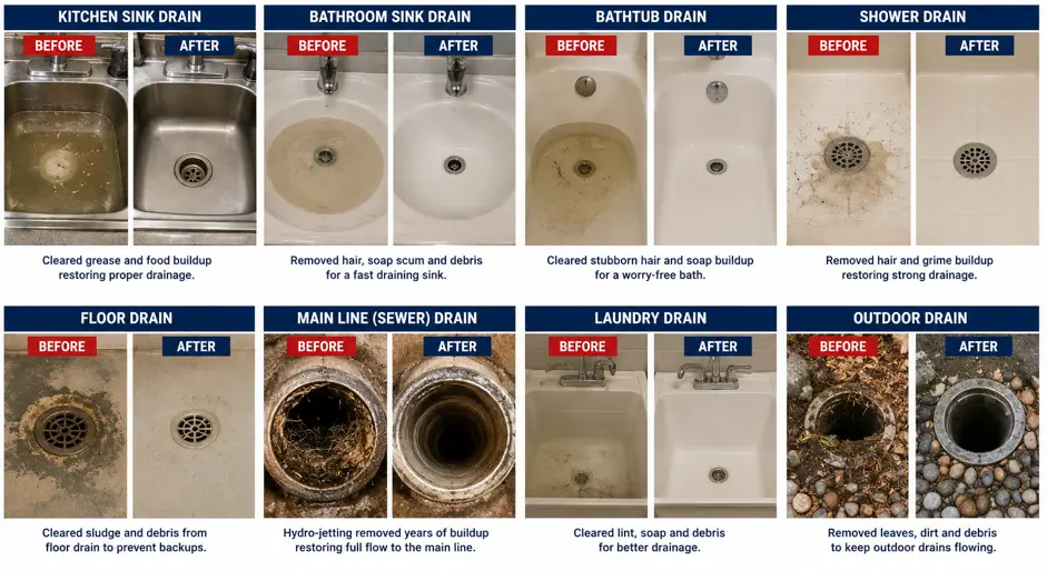 Before and after drain cleaning completed by licensed plumbers in Queen Creek, AZ, including kitchen sink drains, bathroom drains, bathtub drains, shower drains, floor drains, sewer main line cleaning, laundry drains, and outdoor drain cleaning.