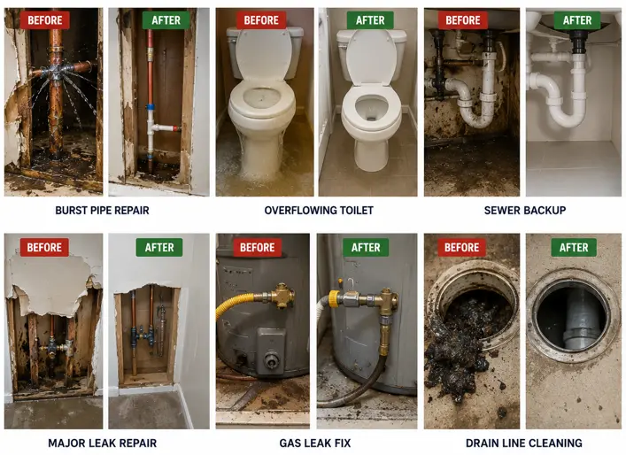 Plumber in Queen Creek Before and after emergency plumbing service proof showing burst pipe repair, overflowing toilet repair, sewer backup cleanup, major leak repair, gas leak fix, and drain line cleaning.