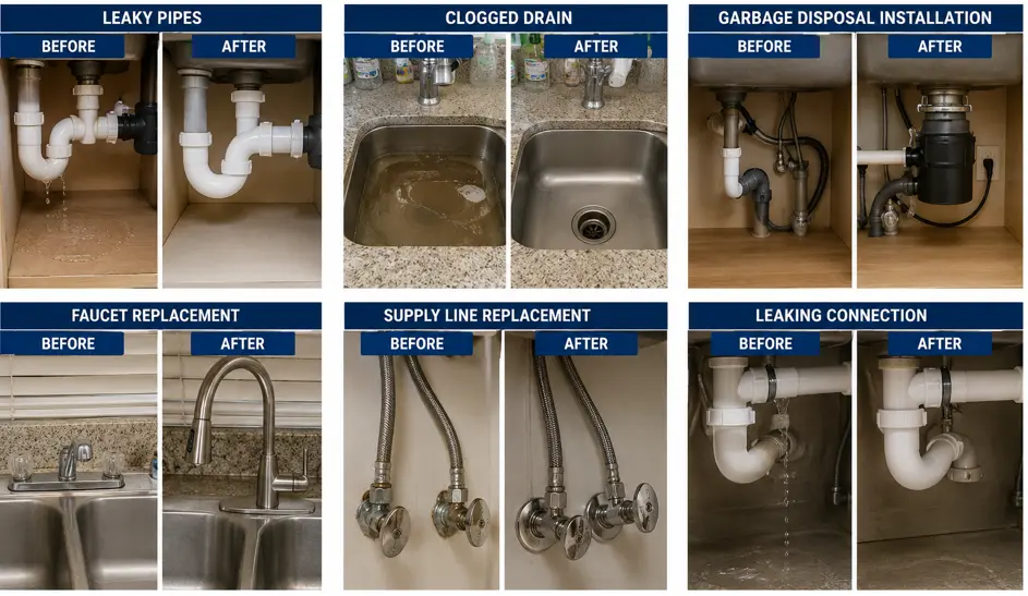Before and after kitchen plumbing repairs completed by licensed plumbers in Queen Creek, AZ, including leaky pipe repair, clogged drain cleaning, faucet replacement, garbage disposal installation, supply line replacement, and under-sink plumbing repairs.