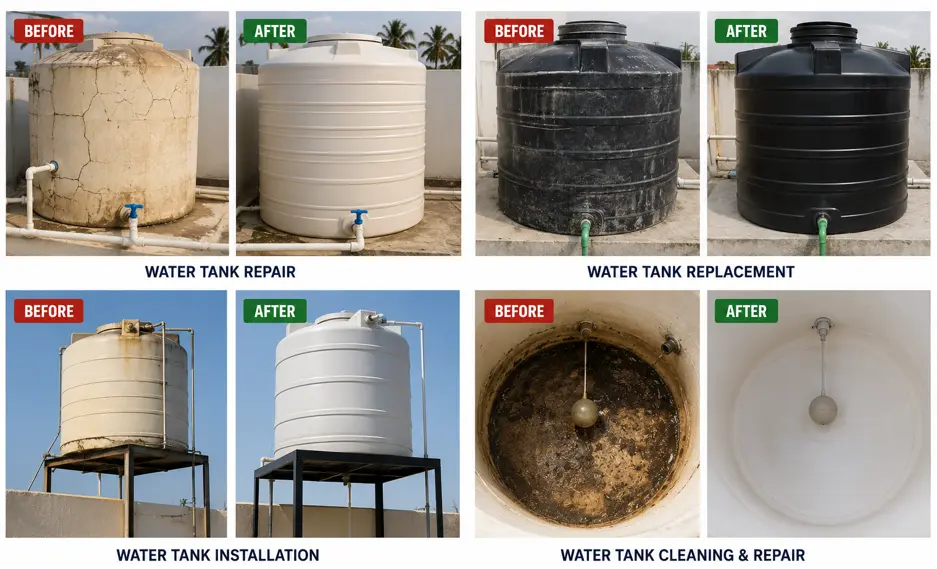 Plumber in Queen Creek Before and after water tank repair and installation completed by licensed plumbers in Queen Creek, AZ, showing old damaged tanks replaced with professionally installed water storage systems.