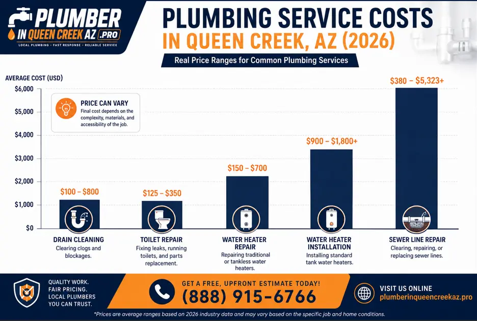 Infographic showing average plumbing service costs in Queen Creek, AZ, including drain cleaning, toilet repair, water heater repair, water heater installation, and sewer line repair price ranges for 2026.