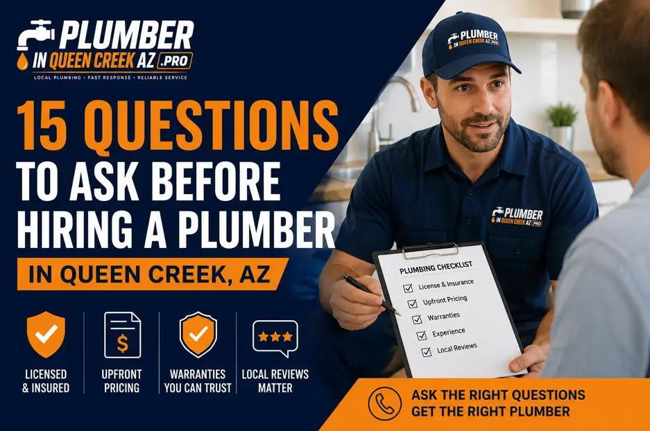 What Questions Should You Ask Before Hiring a Plumber? Featured image showing a licensed plumber in Queen Creek, AZ explaining the most important questions homeowners should ask before hiring a plumbing contractor.