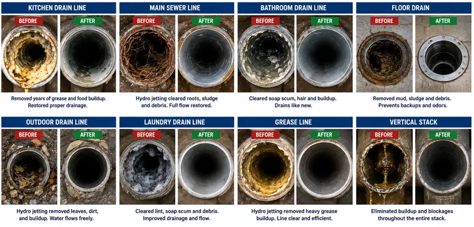 Before and after hydro jetting service completed by licensed plumbers in Queen Creek, AZ, showing grease removal, sewer line cleaning, root removal, drain restoration, and high-pressure water jetting that restores full pipe flow.