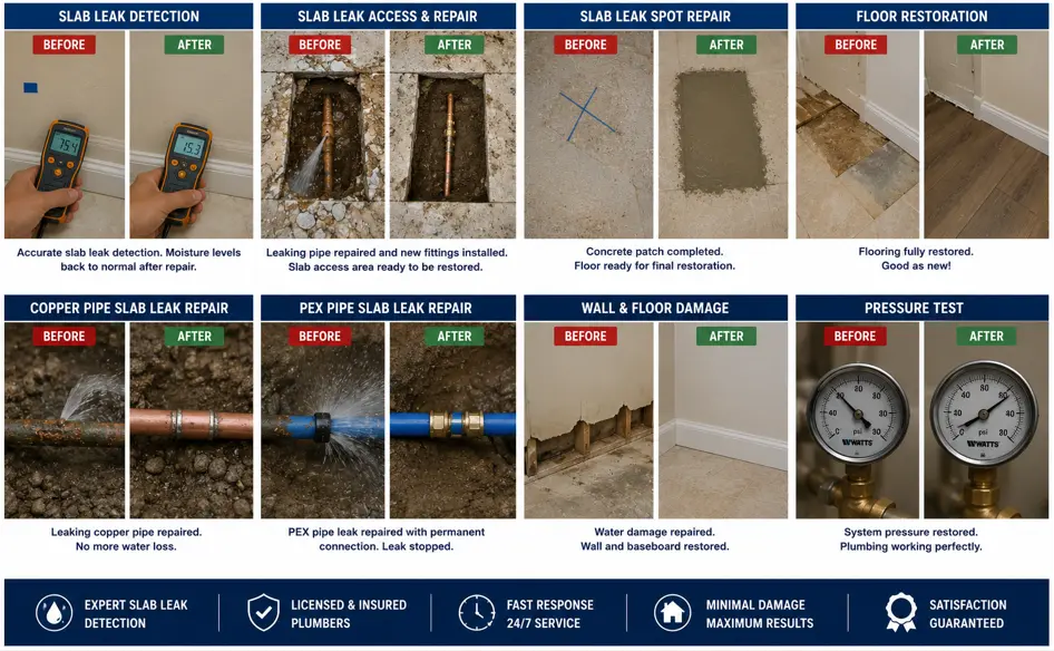 Plumber in Queen Creek Before and after slab leak repair completed by licensed plumbers in Queen Creek, AZ, showing slab leak detection, leaking pipe repair beneath concrete, floor restoration, pressure testing, and professional plumbing repairs.