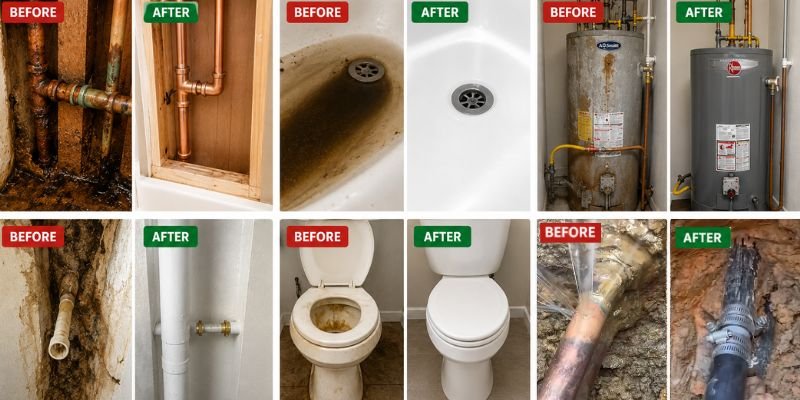 Plumber in Queen Creek Before and after plumbing project gallery showing burst pipe repair, clogged drain cleaning, water heater replacement, leak detection and repair, toilet replacement, and sewer line repair completed by a trusted local plumber in Queen Creek, AZ.