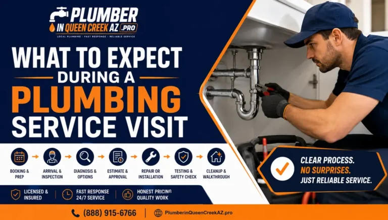 Licensed plumber performing a plumbing service visit in Queen Creek AZ showing inspection, diagnosis, repair, testing, and cleanup process.