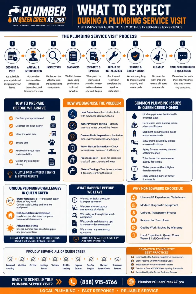 Infographic showing the complete plumbing service visit process from booking and inspection to diagnosis, repair, testing, cleanup, and final walkthrough in Queen Creek, AZ.