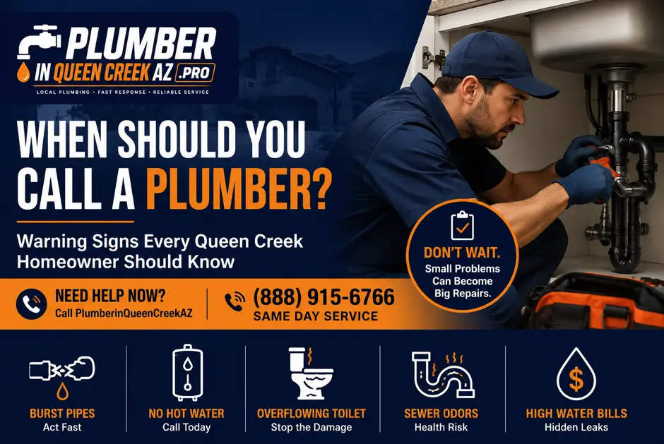 Professional plumber repairing plumbing under a sink with Plumber in Queen Creek AZ logo, illustrating common warning signs that require calling a plumber in Queen Creek, Arizona.