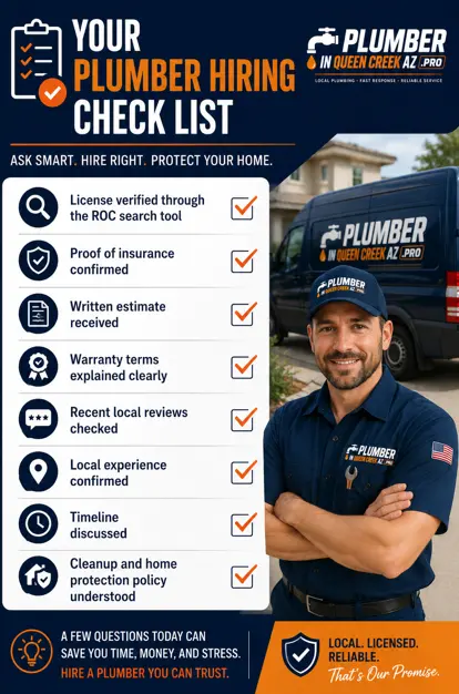 What Questions Should You Ask Before Hiring a Plumber? Infographic checklist showing the essential steps homeowners should complete before hiring a plumber in Queen Creek, AZ, including license verification, insurance, written estimates, warranties, and local reviews.