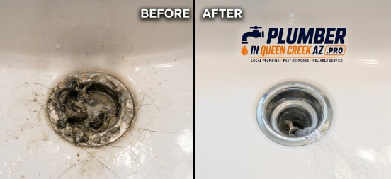 Plumber in Queen Creek Before and after comparison of a severely clogged bathroom sink drain being cleared by a professional plumber in Queen Creek, AZ.