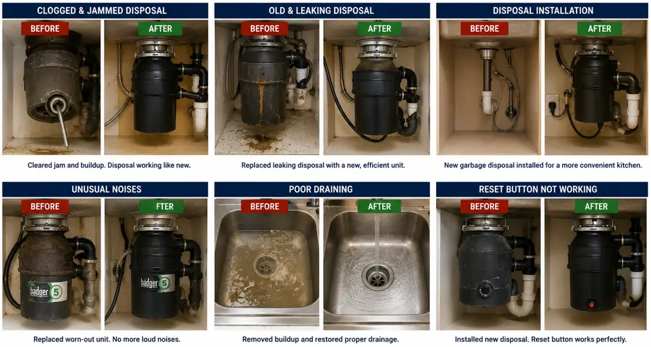 Before and after garbage disposal repair and installation completed by licensed plumbers in Queen Creek, AZ, showing clogged disposal repair, leaking unit replacement, new garbage disposal installation, drain restoration, and under-sink plumbing improvements.