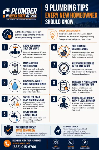 Infographic showing nine essential plumbing tips for new homeowners in Queen Creek AZ including water heater maintenance, slab leak detection, hard water protection, and plumbing inspections.