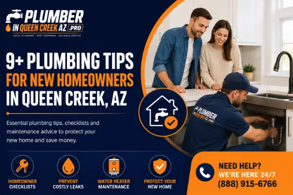 Professional plumber helping new homeowners with plumbing inspection in a modern Queen Creek AZ home with Plumber in Queen Creek AZ branding.