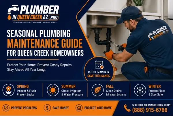 Seasonal plumbing maintenance guide for Queen Creek AZ showing a licensed plumber performing under sink plumbing repair with seasonal maintenance tips.