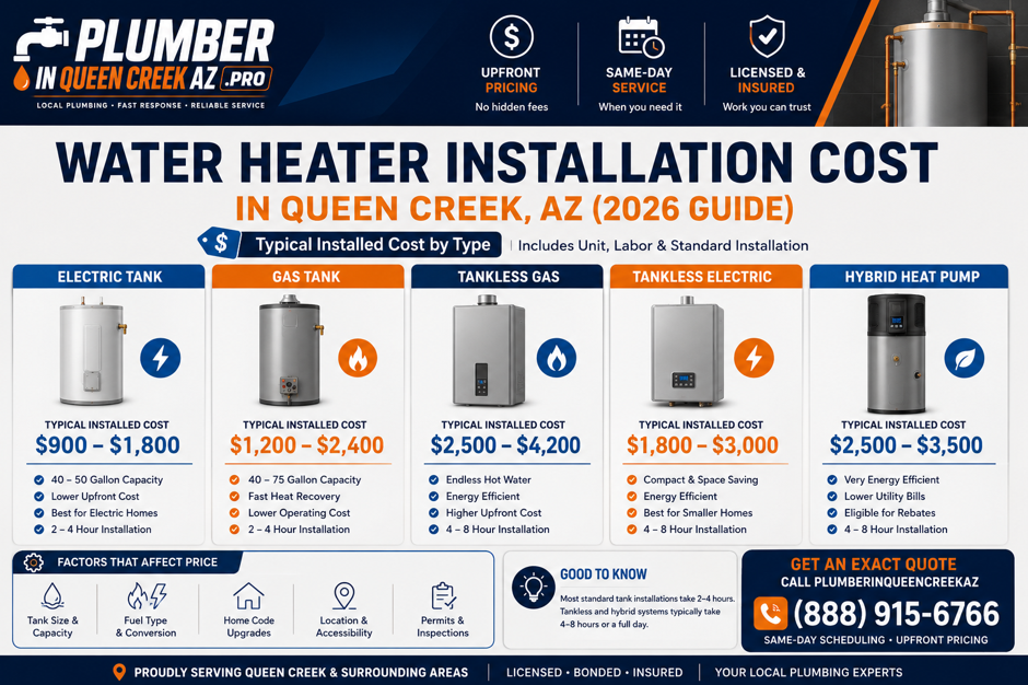Infographic comparing electric, gas, tankless, and hybrid water heater installation costs in Queen Creek AZ.
