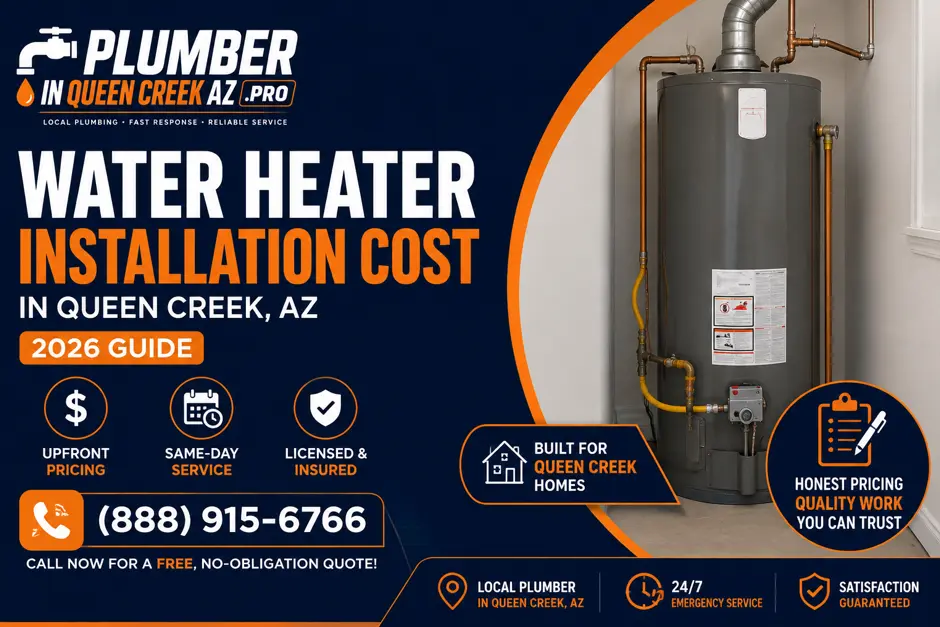 Water heater installation cost guide for Queen Creek AZ showing a residential water heater and Plumber in Queen Creek AZ Pro branding.