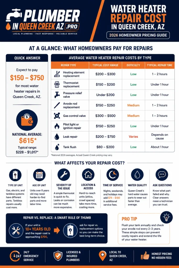 Infographic showing average water heater repair costs, common repair prices, and factors affecting repair costs in Queen Creek, Arizona.