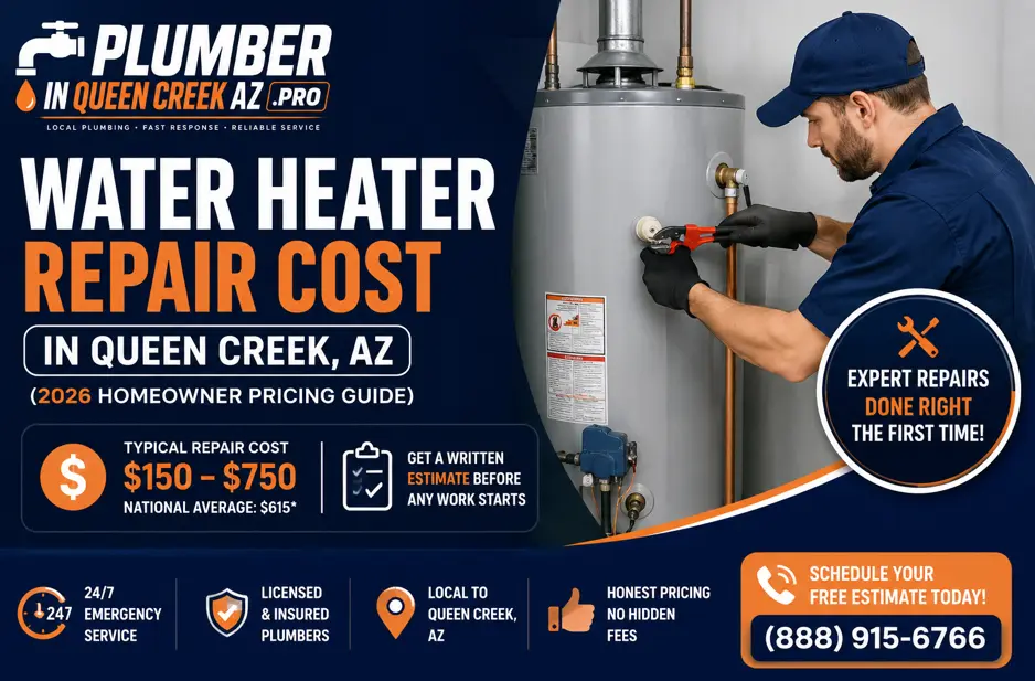 Professional plumber repairing a residential water heater with pricing information for water heater repair costs in Queen Creek, AZ.